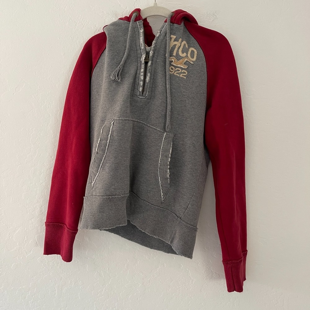 Hollister Small Hoodie Red & Grey Sweater Quarter Zip-Up